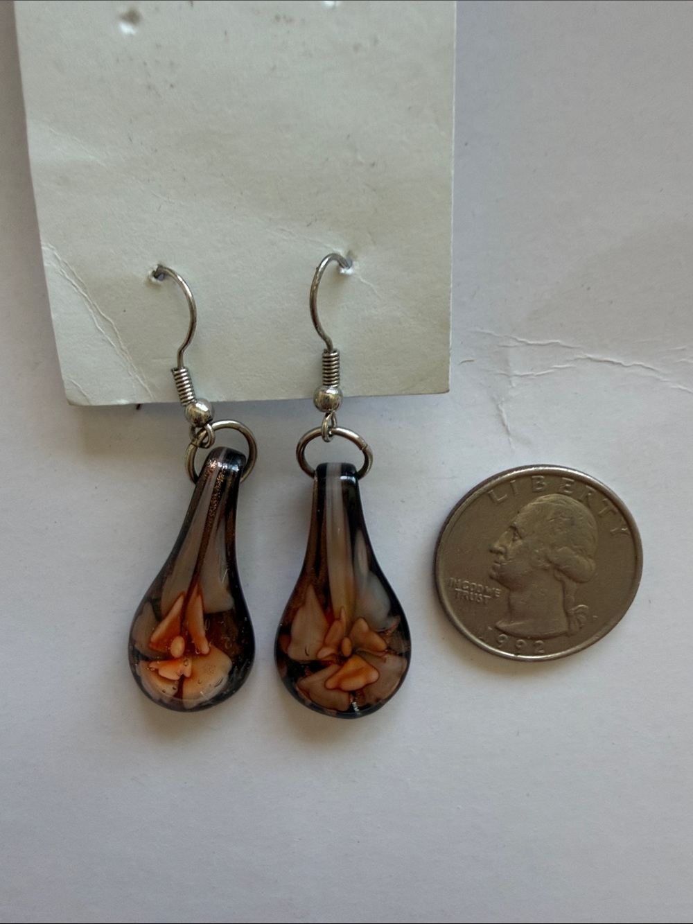 Handmade Glass Teardrop Dangle Earrings - Orange Floral